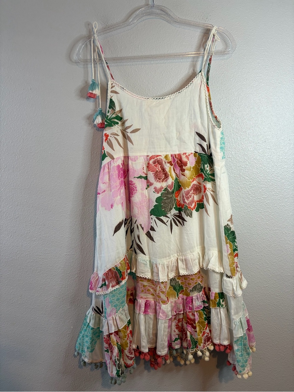 Z&L Europe Pom Pom Lace Babydoll Mini Dress Boho Festival Shoulder Tie Cotton L